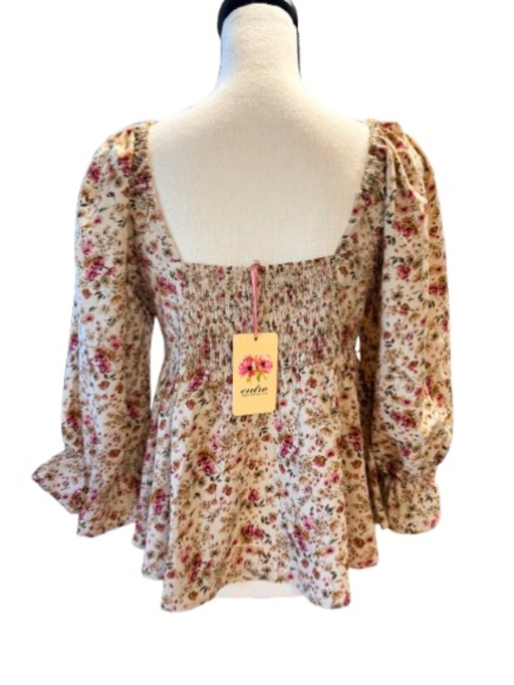 Entro Floral Peplum Blouse NWT Large Puff Sleeve Smocked Back Cottagecore - Picture 3 of 8